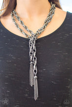 Load image into Gallery viewer, Paparazzi "Scarfed For Attention" Gunmetal Necklace Earring Set - Paparazzi Accessories