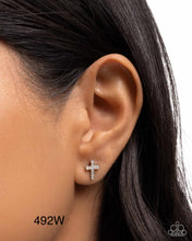Load image into Gallery viewer, Paparazzi “Sacred Shimmer“ White Post Cross Earrings - Paparazzi Accessories
