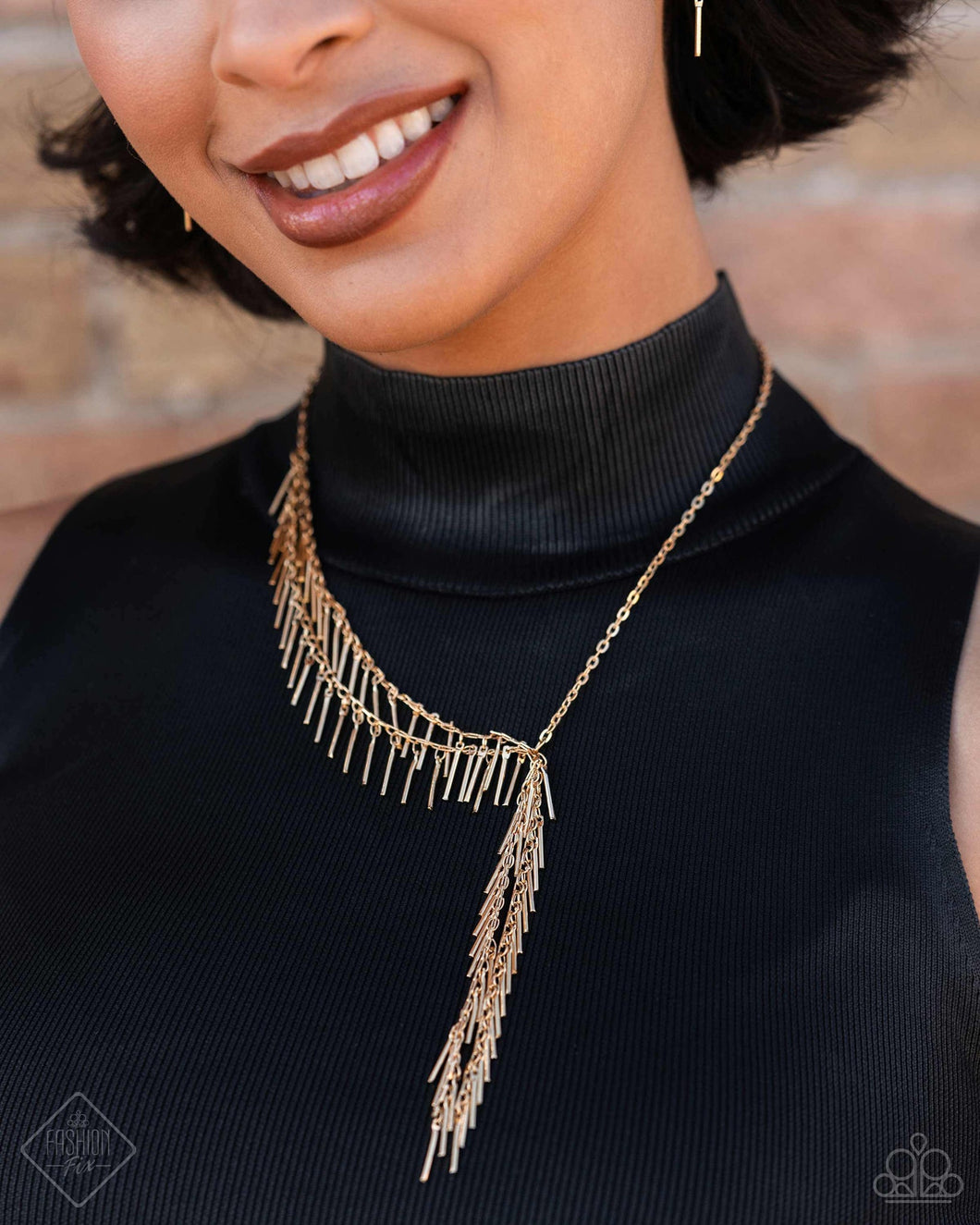 “Linear Leap” Gold Necklace Earring Set - Paparazzi Accessories